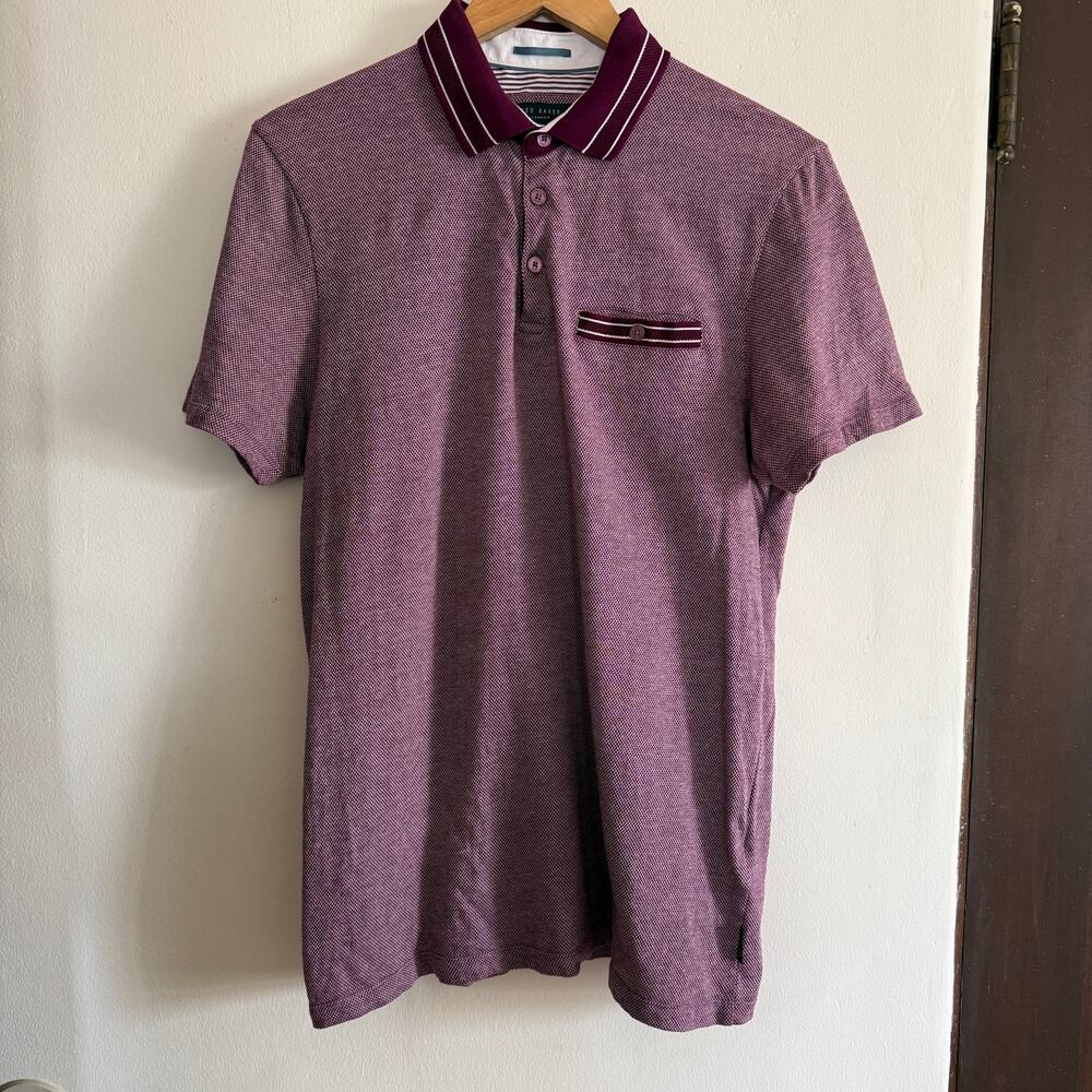 TED BAKER | Men's Burgundy Textured Polo Shirt with Rib detail | Size 3 / Large